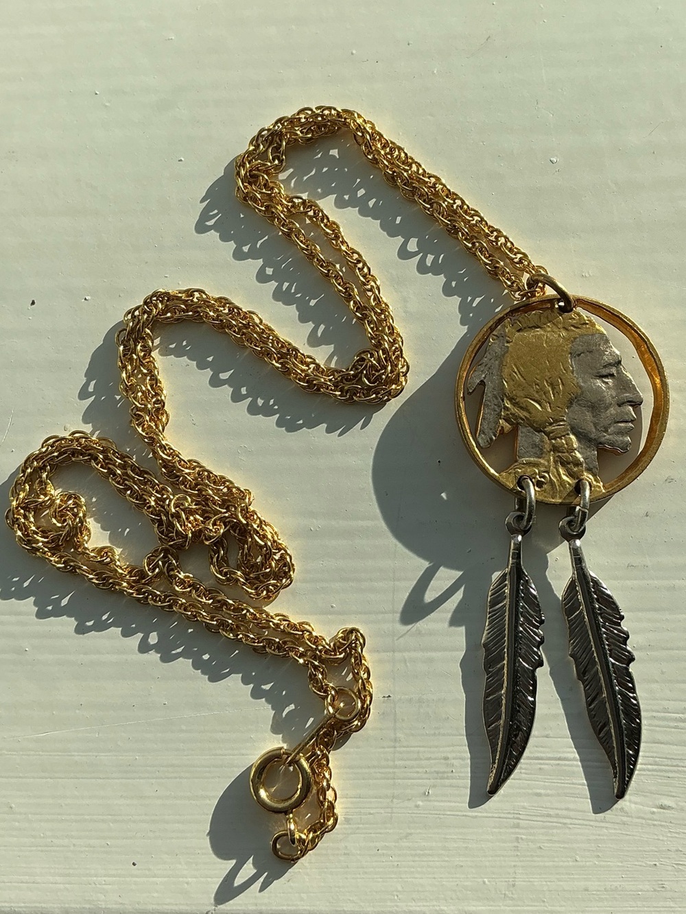 Gold-Tone buffalo nickel Pendant Necklace with Feather Charms